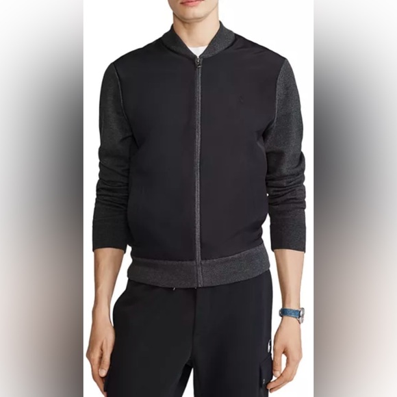 Polo Ralph Lauren Hybrid Full Zip Bomber Knit Sweater Jacket Navy Black Gray Med